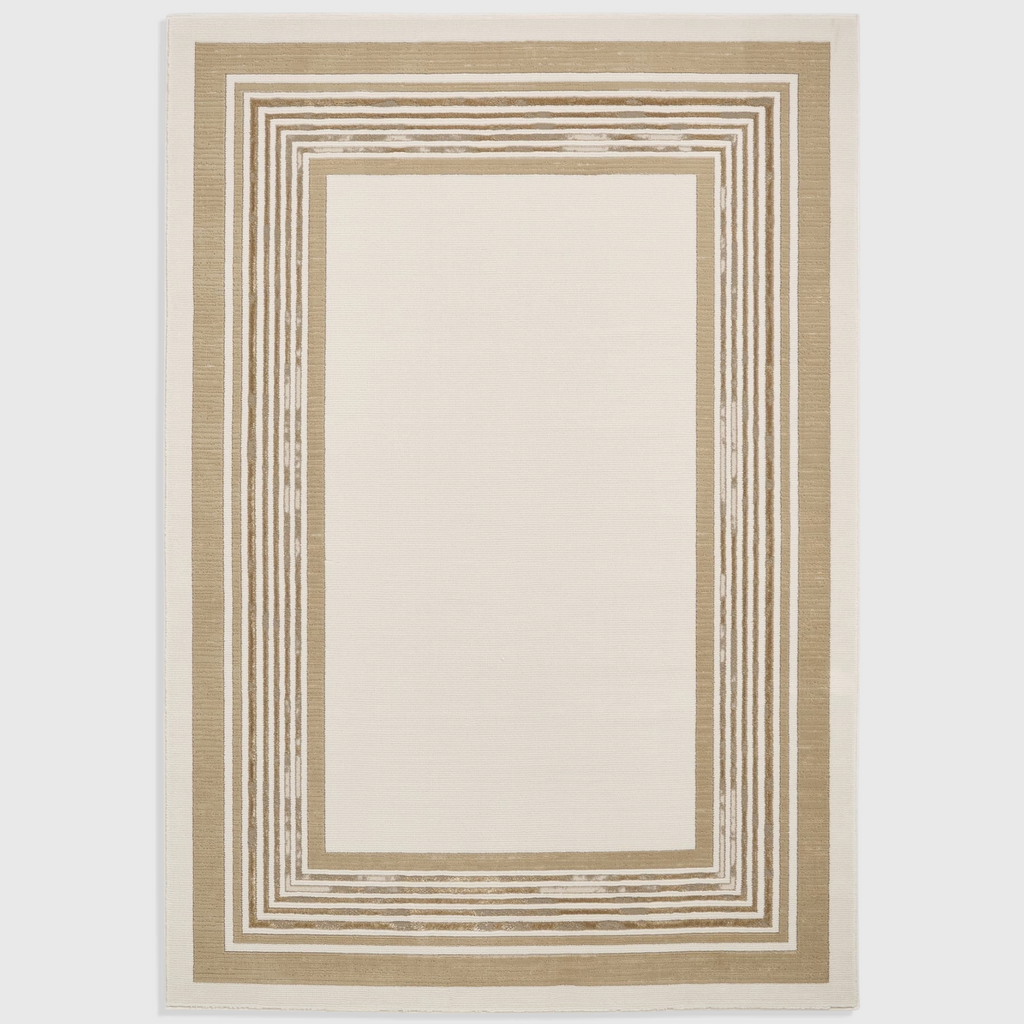 Alvo Rugs Alpa cream and beige area rug with a modern geometric striped border and soft high-pile texture.
