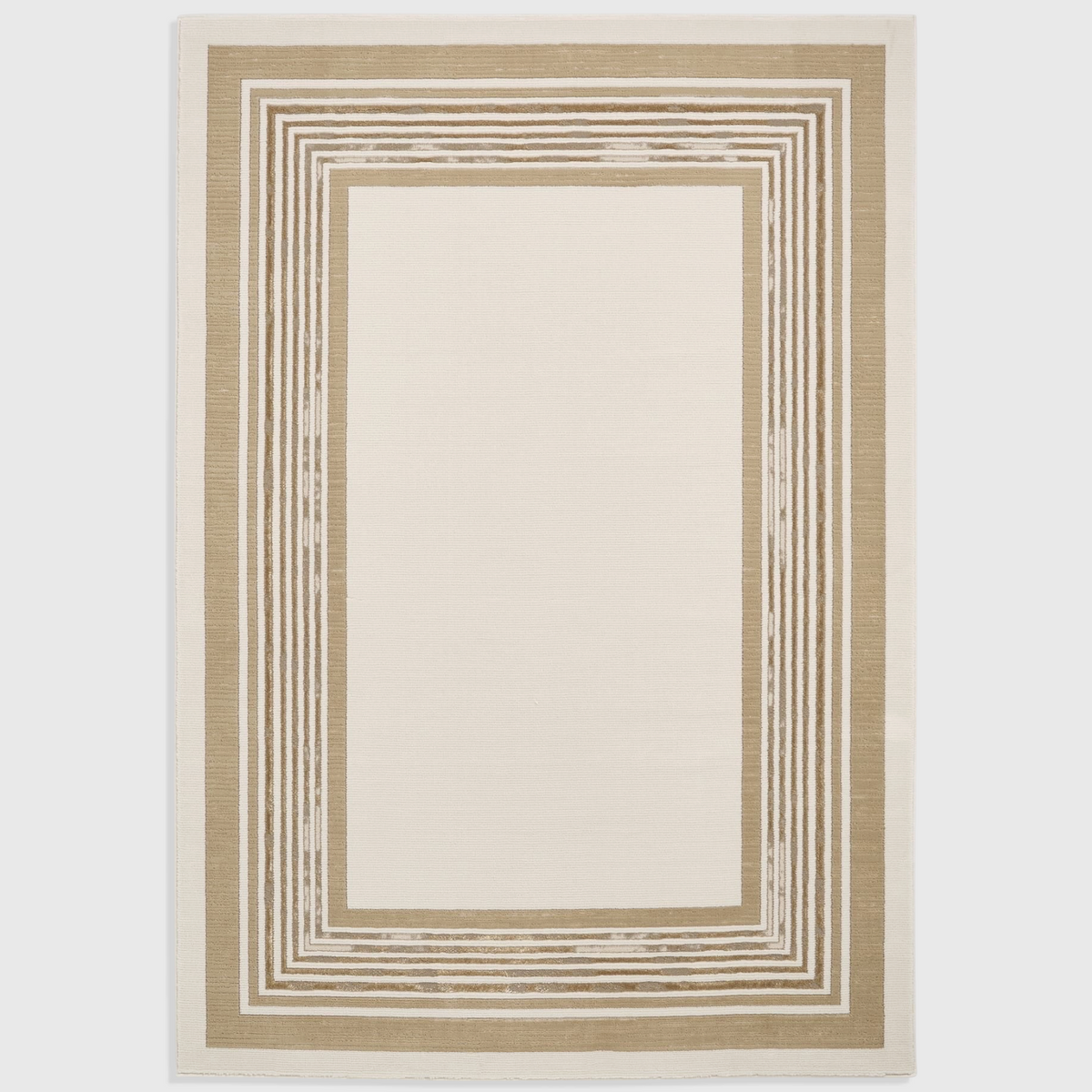 Alvo Rugs Alpa cream and beige area rug with a modern geometric striped border and soft high-pile texture.