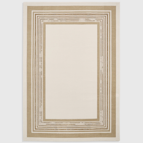 Alvo Rugs Alpa cream and beige area rug with a modern geometric striped border and soft high-pile texture.