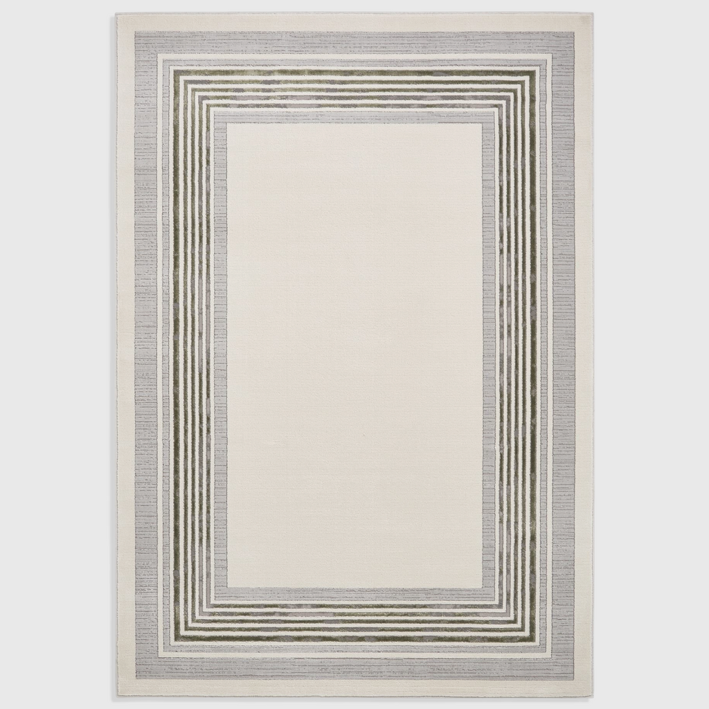 Alvo Rugs Alpa ivory and green geometric area rug with a modern rectangular border pattern and soft high pile texture.