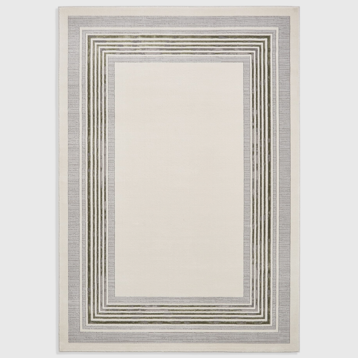Alvo Rugs Alpa ivory and green geometric area rug with a modern rectangular border pattern and soft high pile texture.