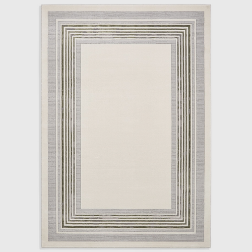 Alvo Rugs Alpa ivory and green geometric area rug with a modern rectangular border pattern and soft high pile texture.