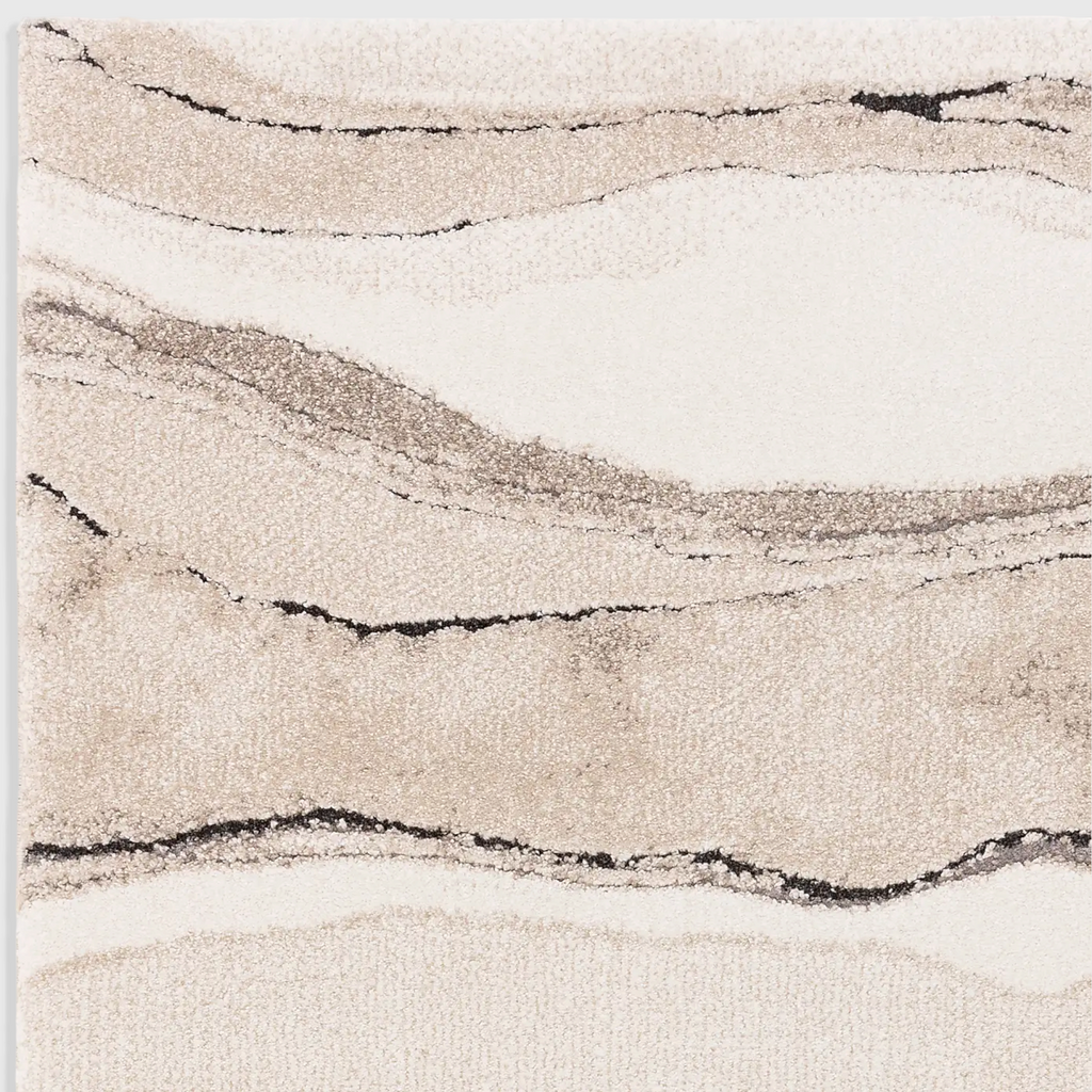 Alvo Rugs Miraga Quartz beige shaggy rug with high-low pile and abstract natural wave patterns in neutral tones.