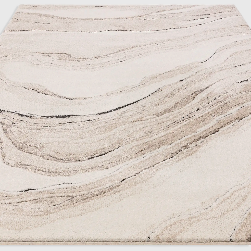 Alvo Rugs Miraga Quartz beige shaggy rug with high-low pile and natural abstract wave patterns.
