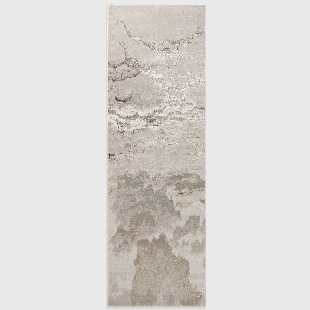 Alvo Rugs Aurorella Au17 Linea runner rug featuring an abstract metallic gold and grey design on a soft cut pile.