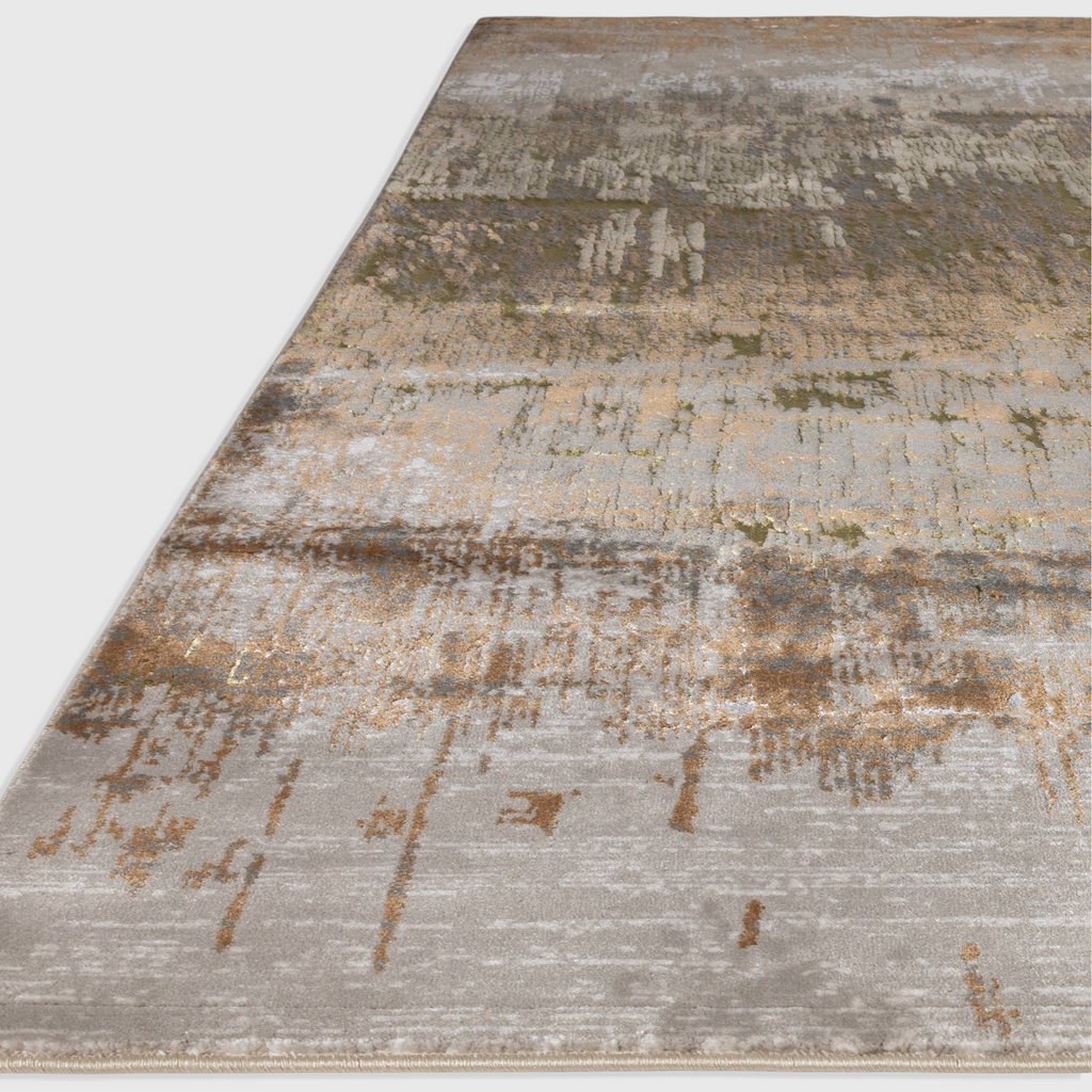 Alvo Rugs Aurorella Au01 Dune rug featuring an abstract metallic gold and grey design with a soft cut pile finish.