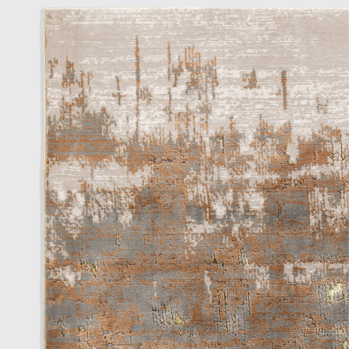 Alvo Rugs Aurorella Au01 Dune rug featuring an abstract metallic gold and grey pattern on a soft polyester blend pile.