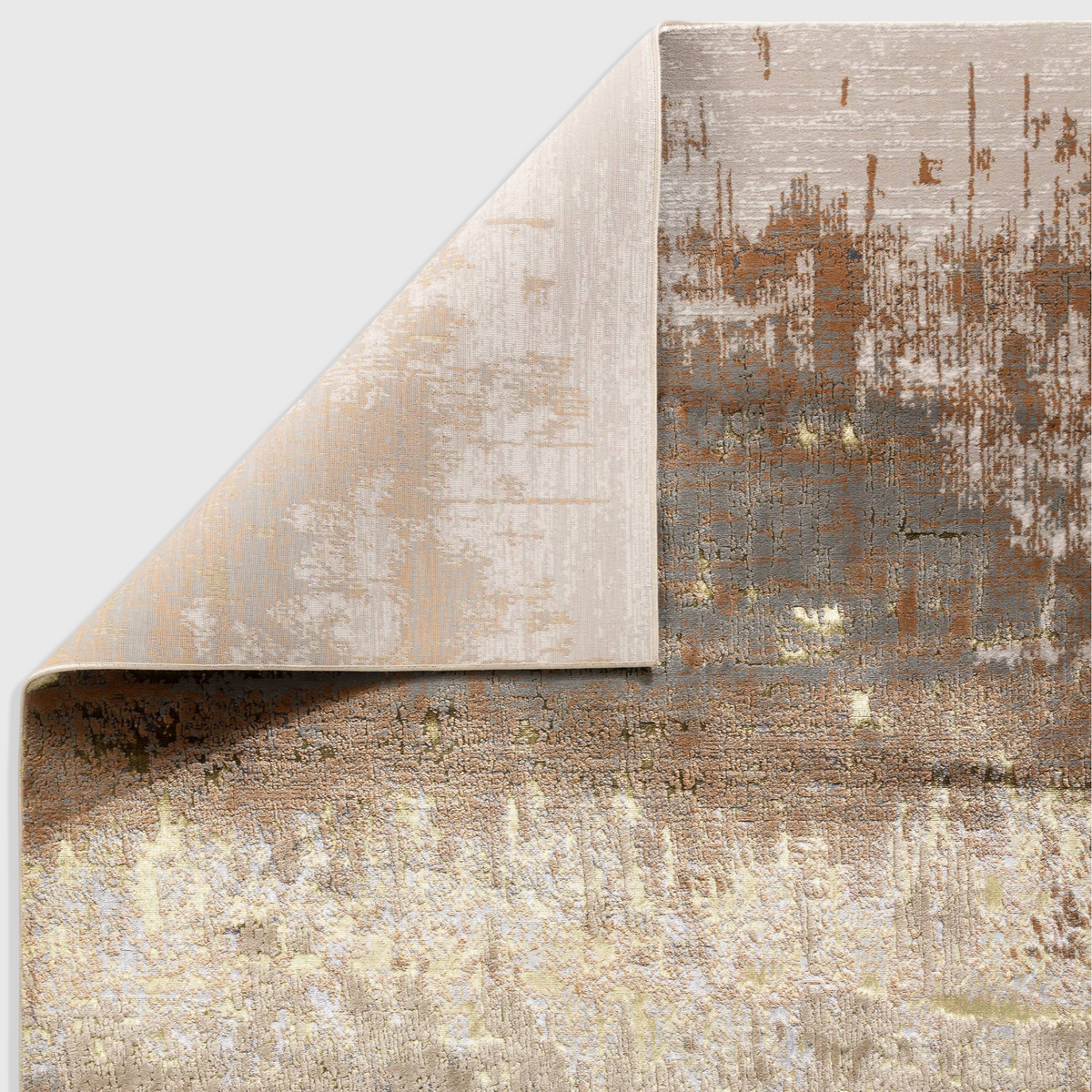 Alvo Rugs Aurorella Au01 Dune rug with abstract metallic gold and brown patterns on a soft polyester blend pile.