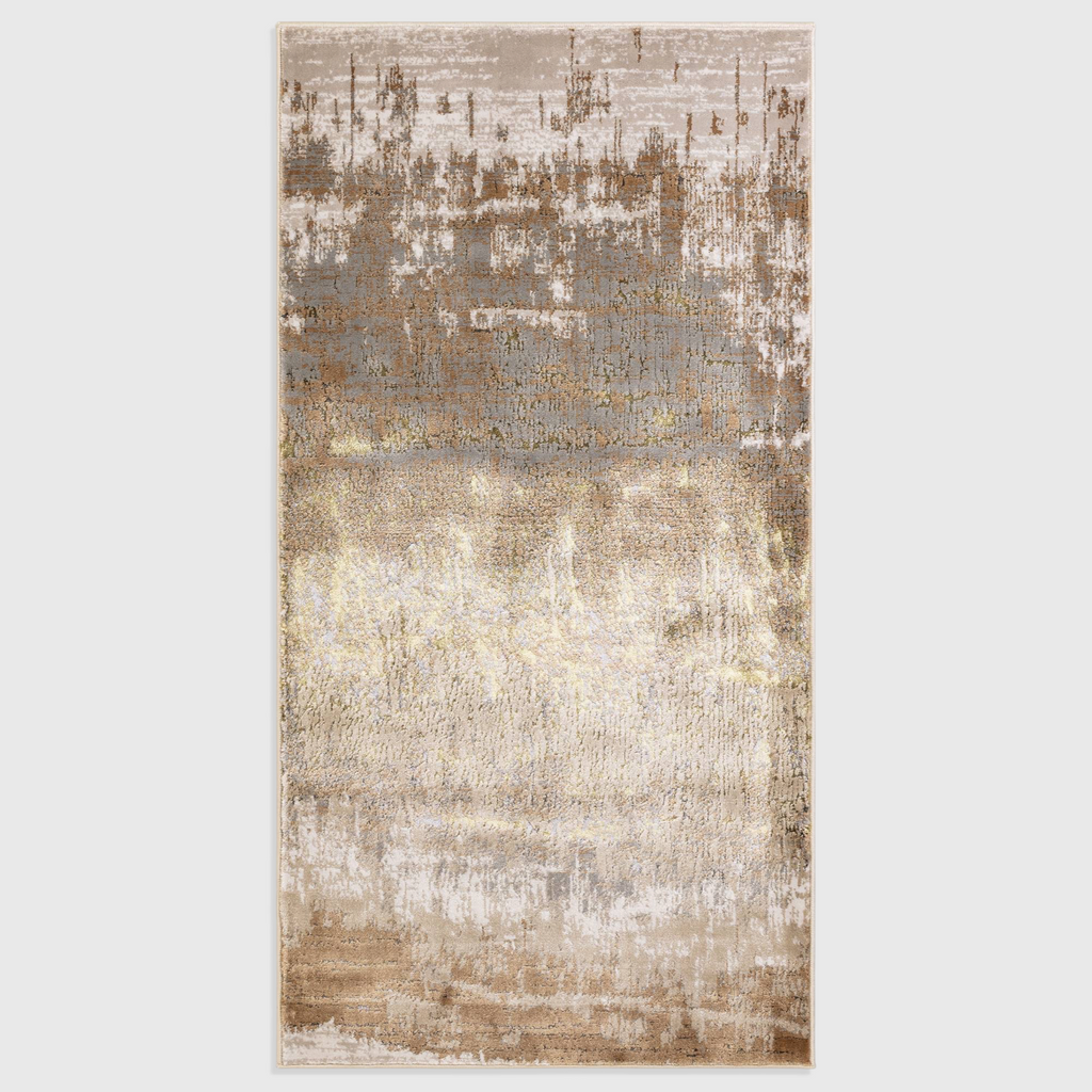 Alvo Rugs Aurorella Au01 Dune rug featuring an abstract metallic design in gold and beige tones with a soft cut pile.