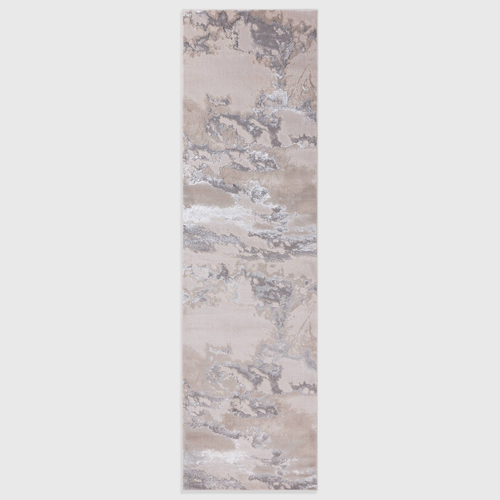 Alvo Rugs Aurorella Au02 Cloud runner rug in grey and silver with an abstract metallic design and soft cut pile.
