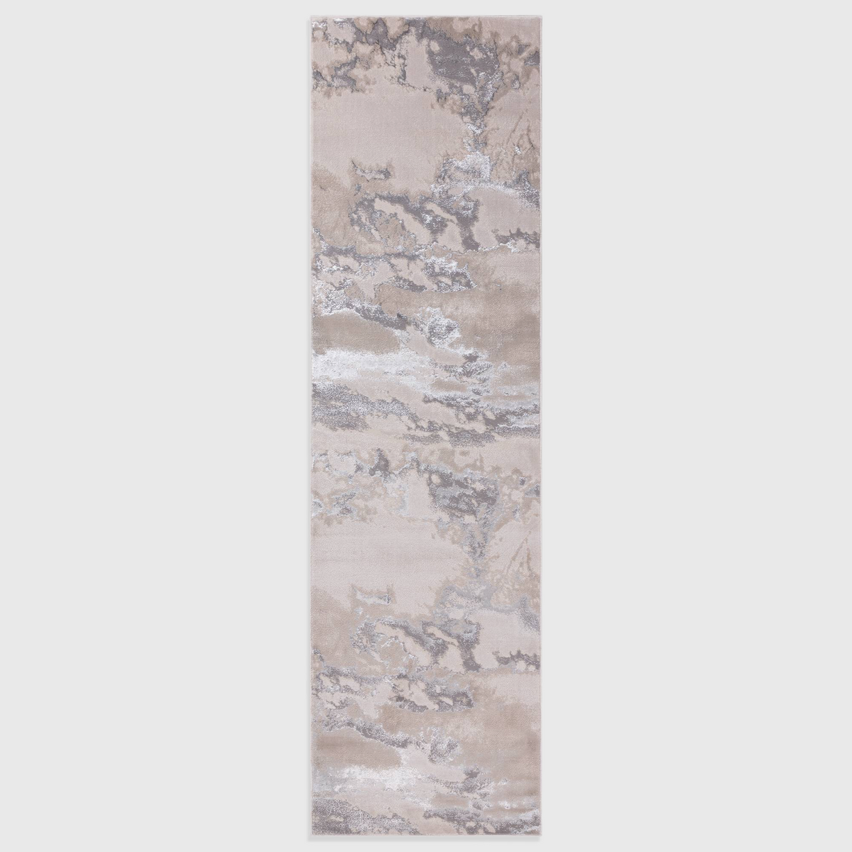 Alvo Rugs Aurorella Au02 Cloud runner rug in grey and silver with an abstract metallic design and soft cut pile.