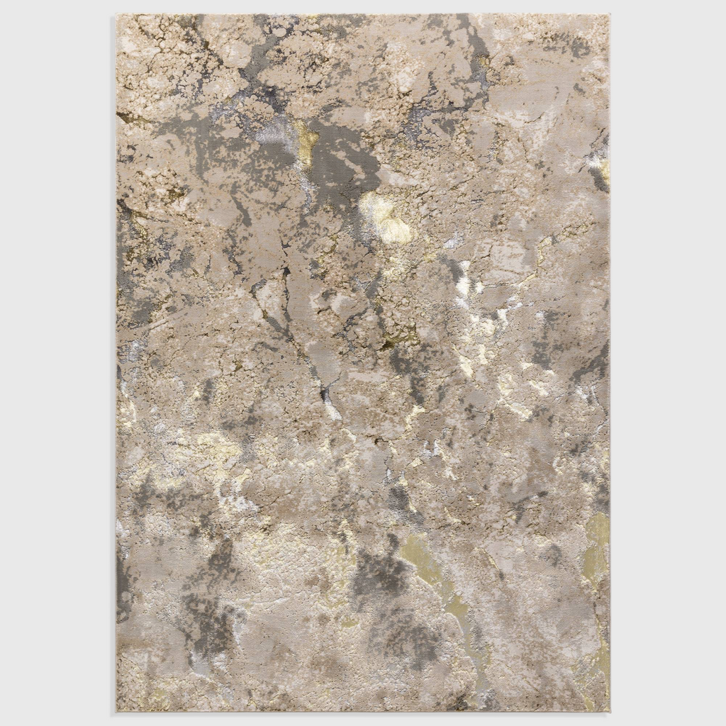 Alvo Rugs Aurorella Au04 Galaxy rug featuring an abstract metallic design in warm yellow and gold tones.