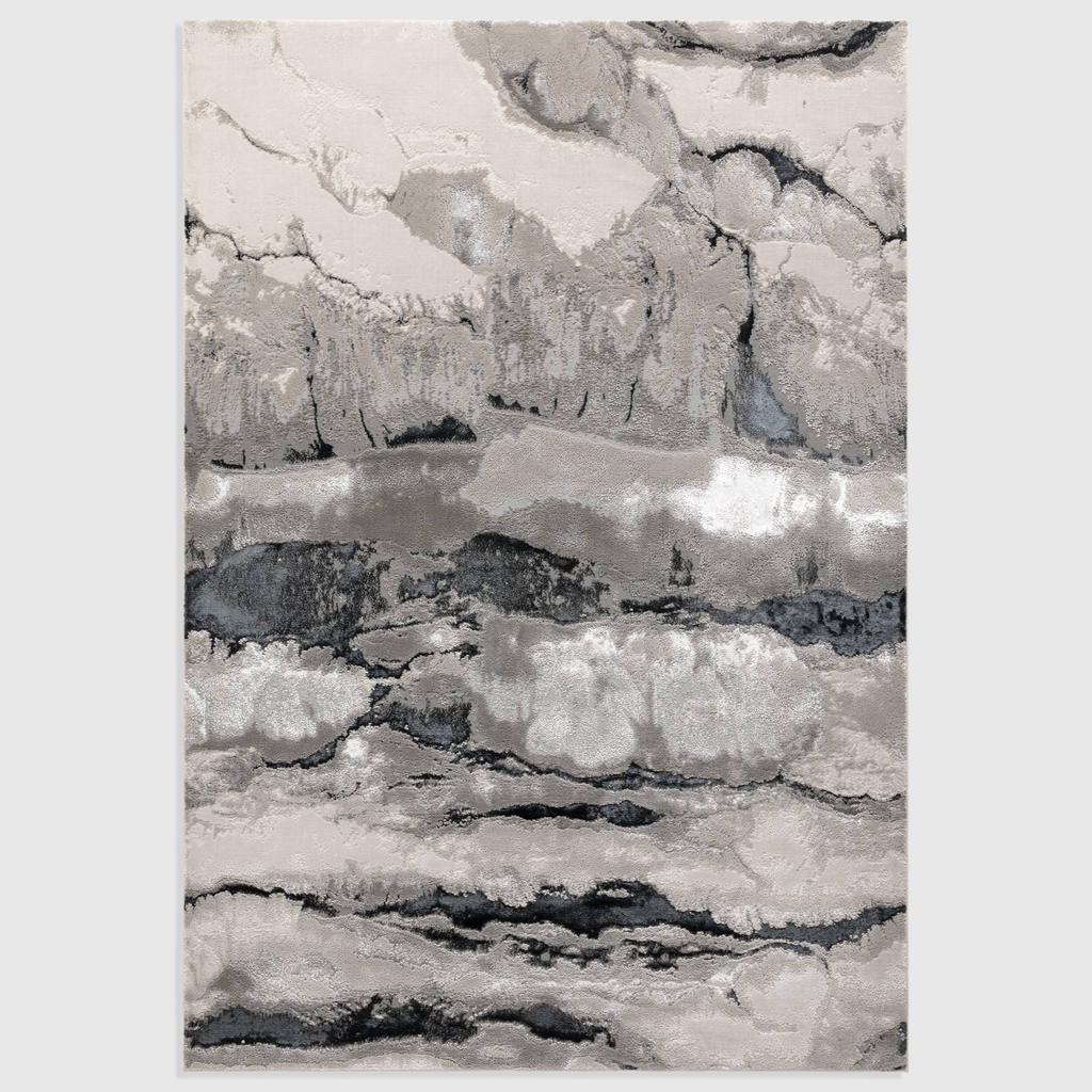 Alvo Rugs Aurorella Au05 Quartz rug featuring an abstract grey and silver metallic design with a soft cut pile finish.