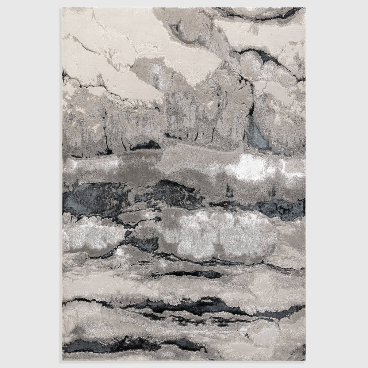 Alvo Rugs Aurorella Au05 Quartz rug featuring an abstract grey and silver metallic design with a soft cut pile finish.