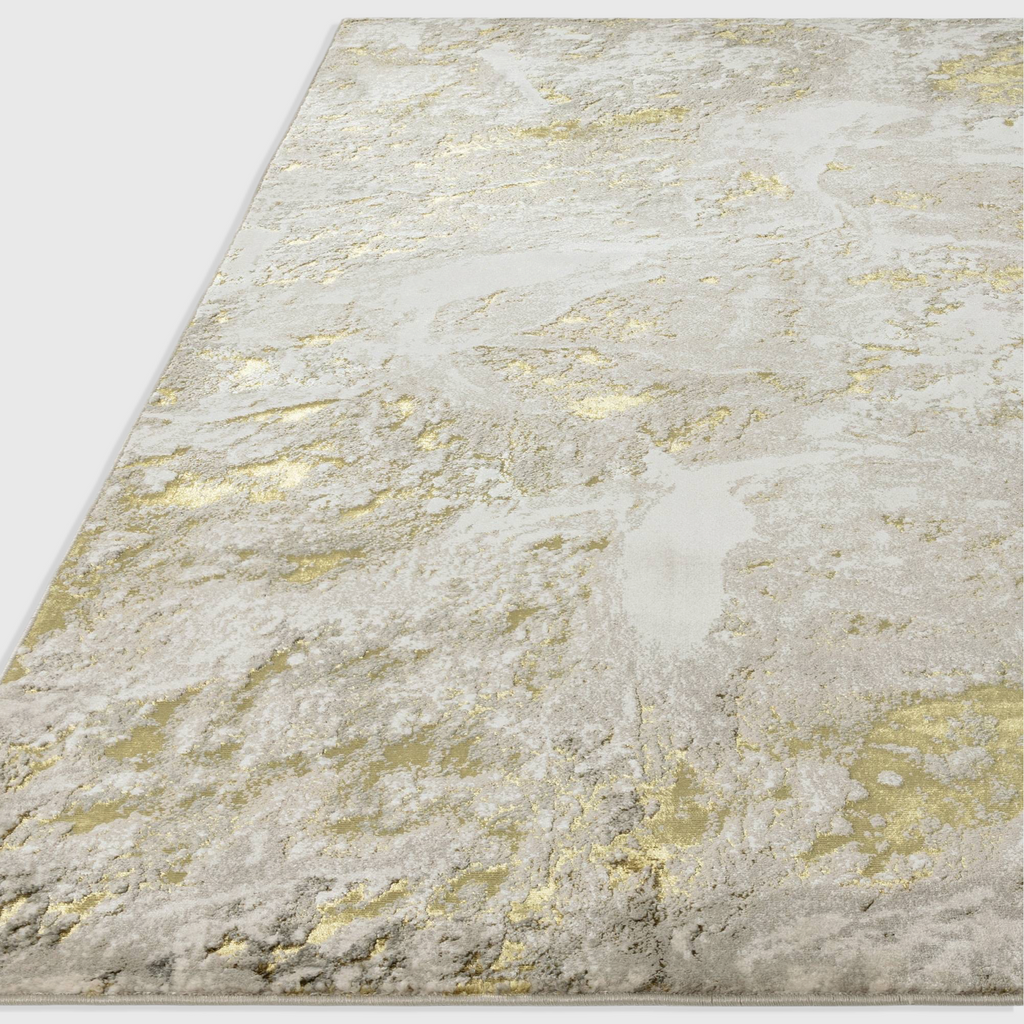 Alvo Rugs Aurorella Au06 Lustre rug featuring an abstract metallic gold and grey pattern in a soft cut pile finish.