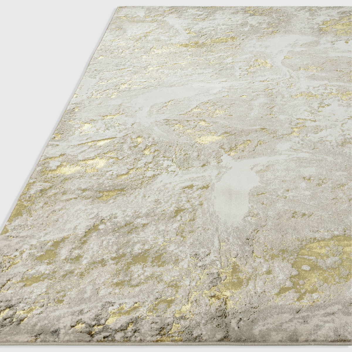 Alvo Rugs Aurorella Au06 Lustre rug featuring an abstract metallic gold and grey pattern in a soft cut pile finish.