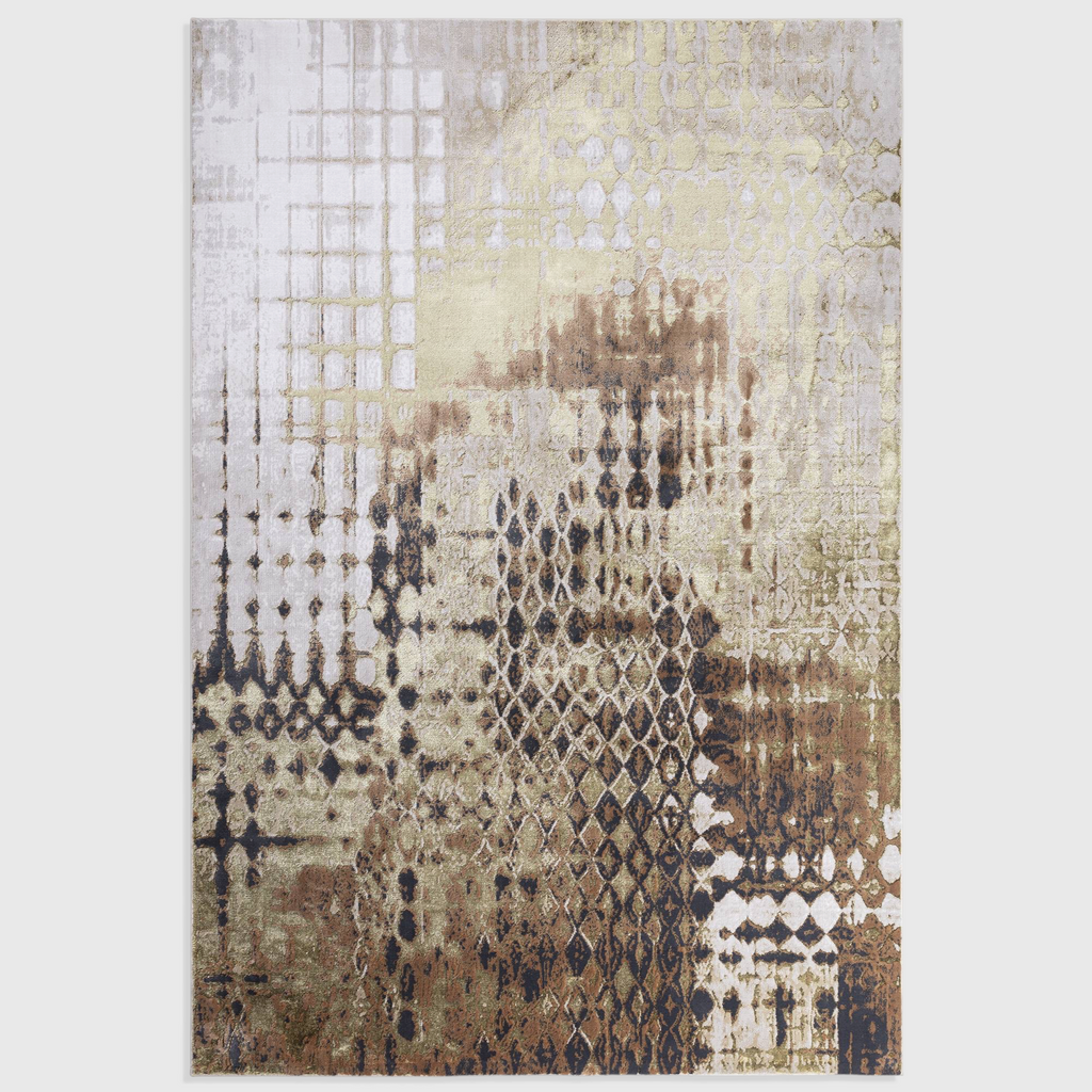 Alvo Rugs Aurorella Au07 diamond rug in cream and beige with metallic gold and bronze abstract geometric patterns.