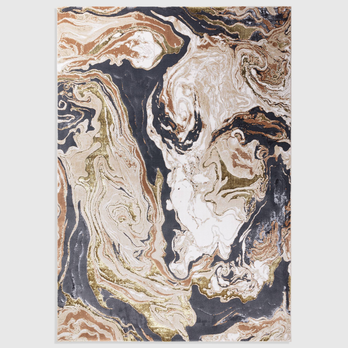Alvo Rugs Aurorella Au08 marble rug featuring abstract gold, brown, and grey swirls in a soft cut pile finish.