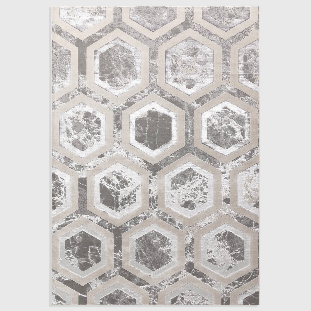 Alvo Rugs Aurorella Au12 crystal rug featuring a modern grey and silver metallic hexagonal abstract pattern.