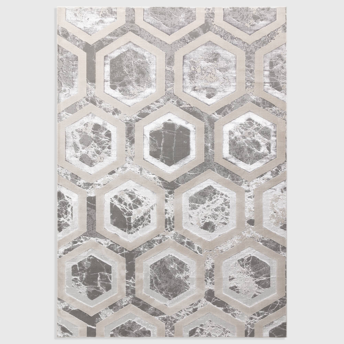 Alvo Rugs Aurorella Au12 crystal rug featuring a modern grey and silver metallic hexagonal abstract pattern.