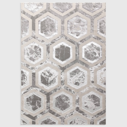 Alvo Rugs Aurorella Au12 crystal rug featuring a modern grey and silver metallic hexagonal abstract pattern.