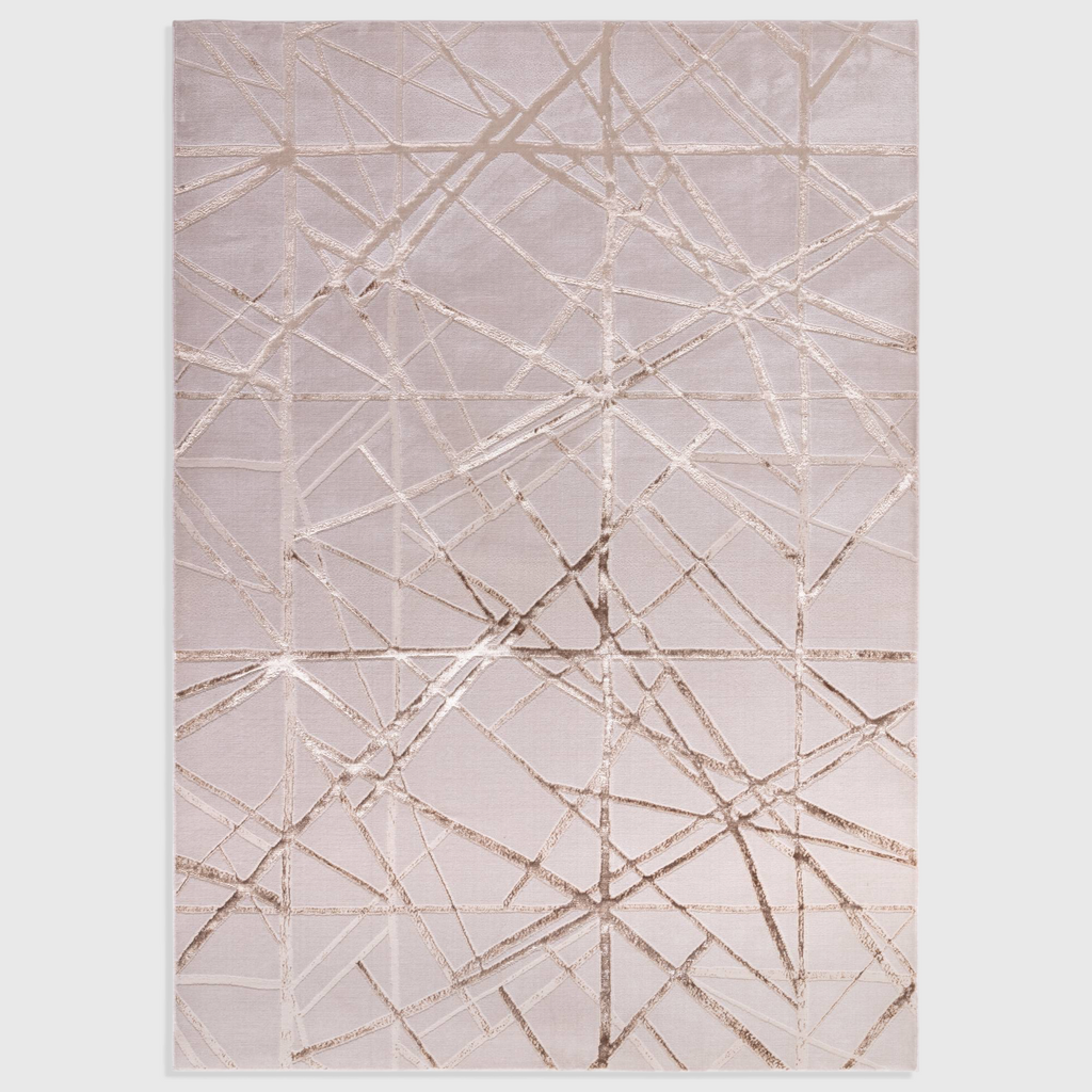 Alvo Rugs Aurorella Au13 Mica rug featuring a modern abstract metallic gold and beige geometric line pattern.