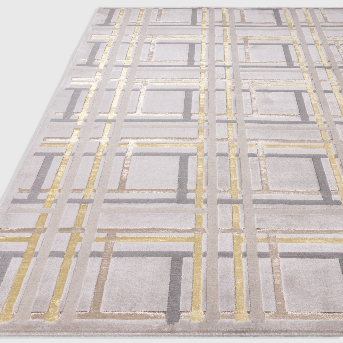 Alvo Rugs Aurorella Au15 Elexus rug featuring a modern grey and gold abstract geometric pattern in cut pile polyester