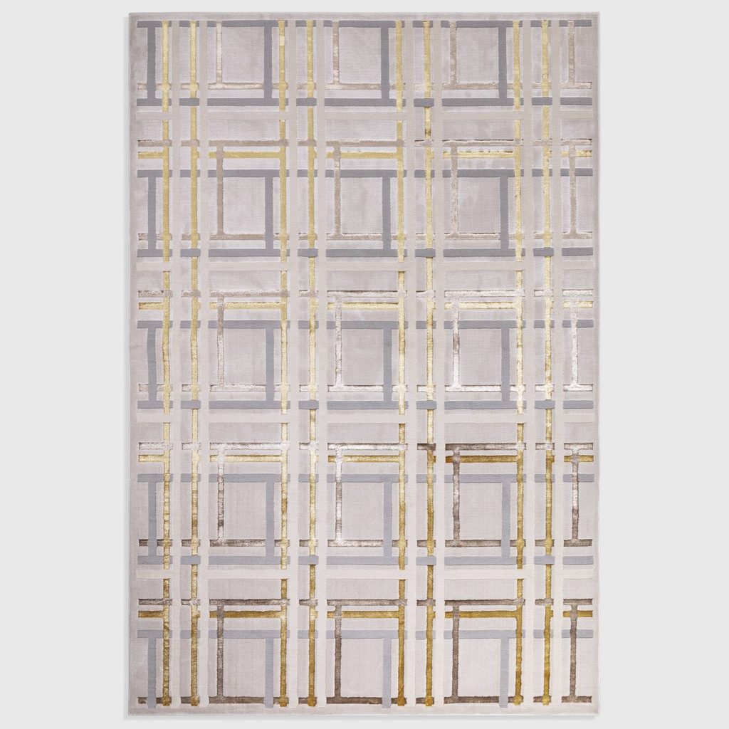 Alvo Rugs Aurorella Au15 Elexus rug featuring a modern abstract geometric pattern in gold and grey tones.
