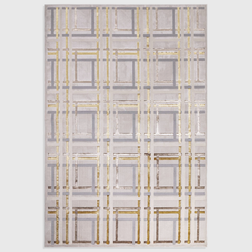 Alvo Rugs Aurorella Au15 Elexus rug featuring a modern abstract geometric pattern in gold and grey tones.