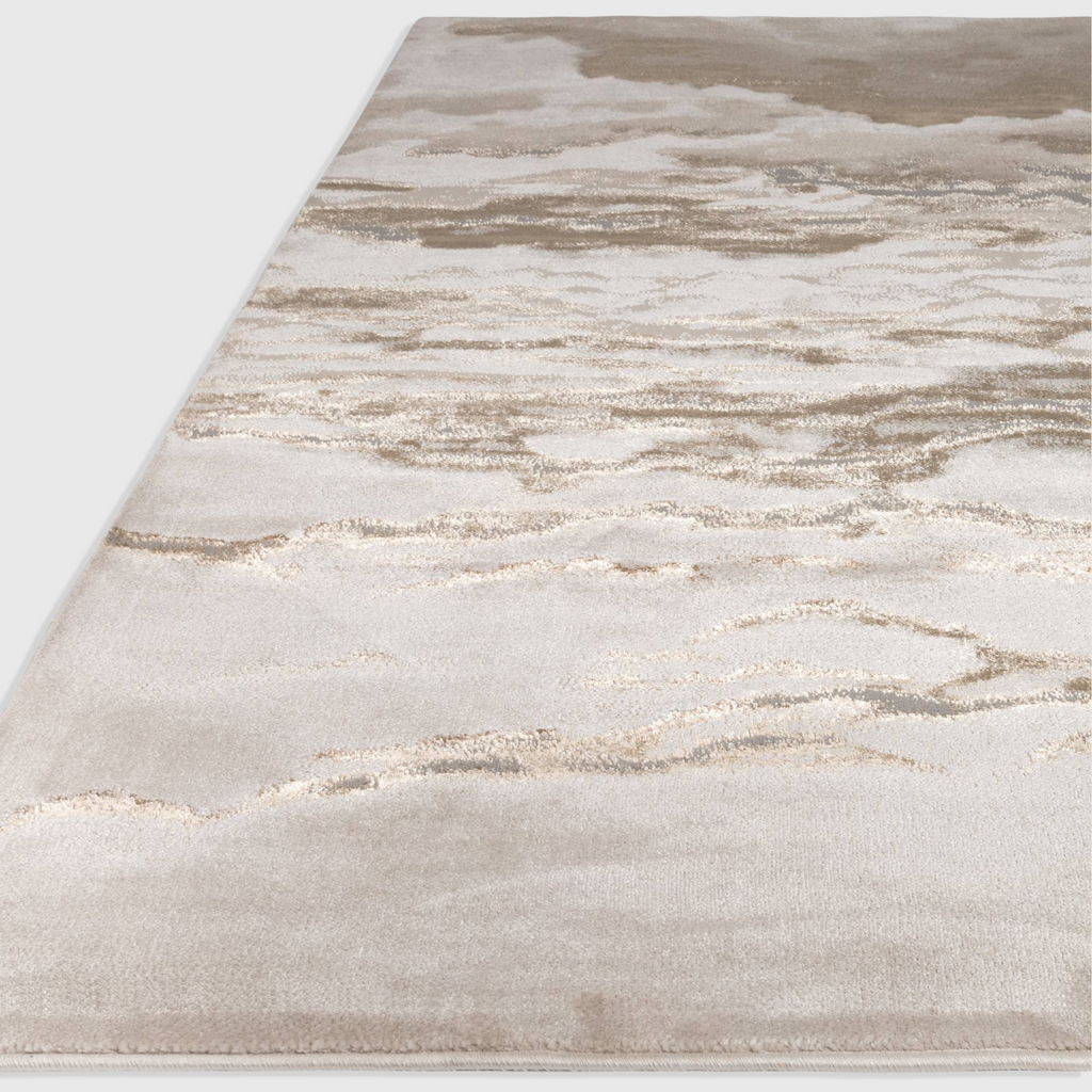 Alvo Rugs Aurorella Au17 Linea rug featuring an abstract metallic gold and beige pattern with a soft cut pile finish.