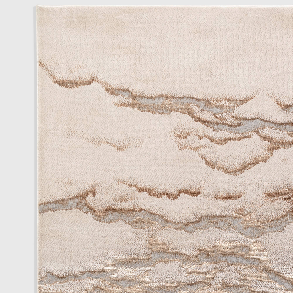Alvo Rugs Aurorella Au17 Linea rug featuring an abstract metallic gold and cream pattern with a soft cut pile texture.