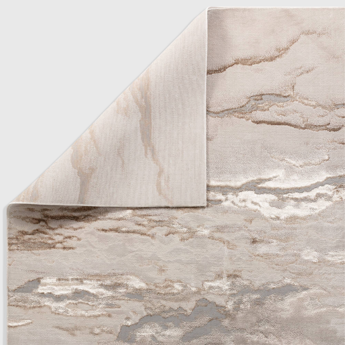 Alvo Rugs Aurorella Au17 Linea rug featuring an abstract gold and grey metallic design with a folded corner view.