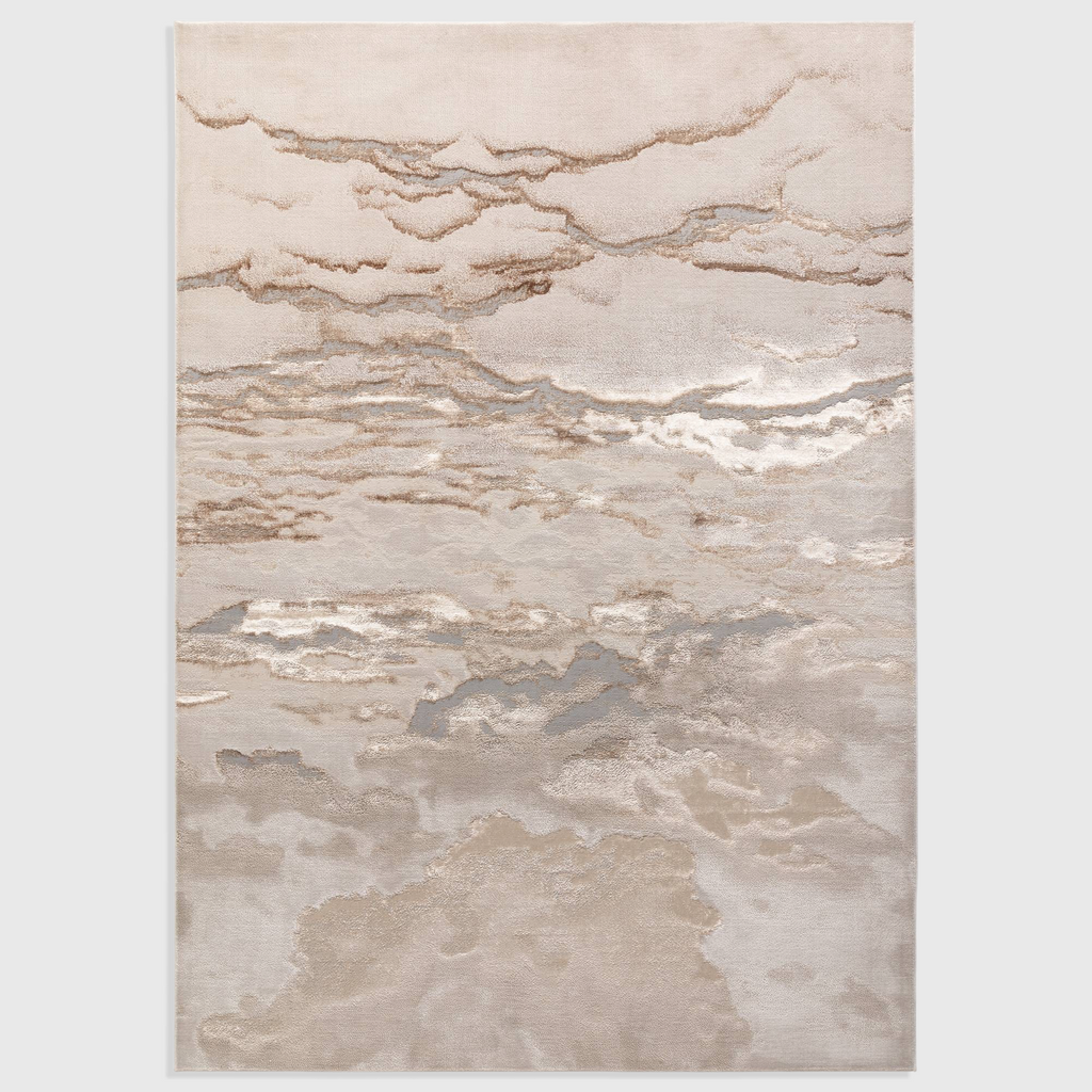 Alvo Rugs Aurorella Au17 Linea rug featuring an abstract metallic gold and beige design with a soft cut pile finish.