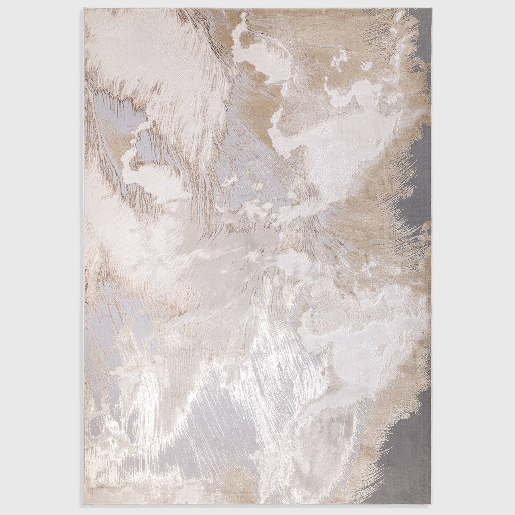 Alvo Rugs Aurorella Etch Au23 abstract area rug in gold and grey tones with a soft cut pile machine-woven finish.