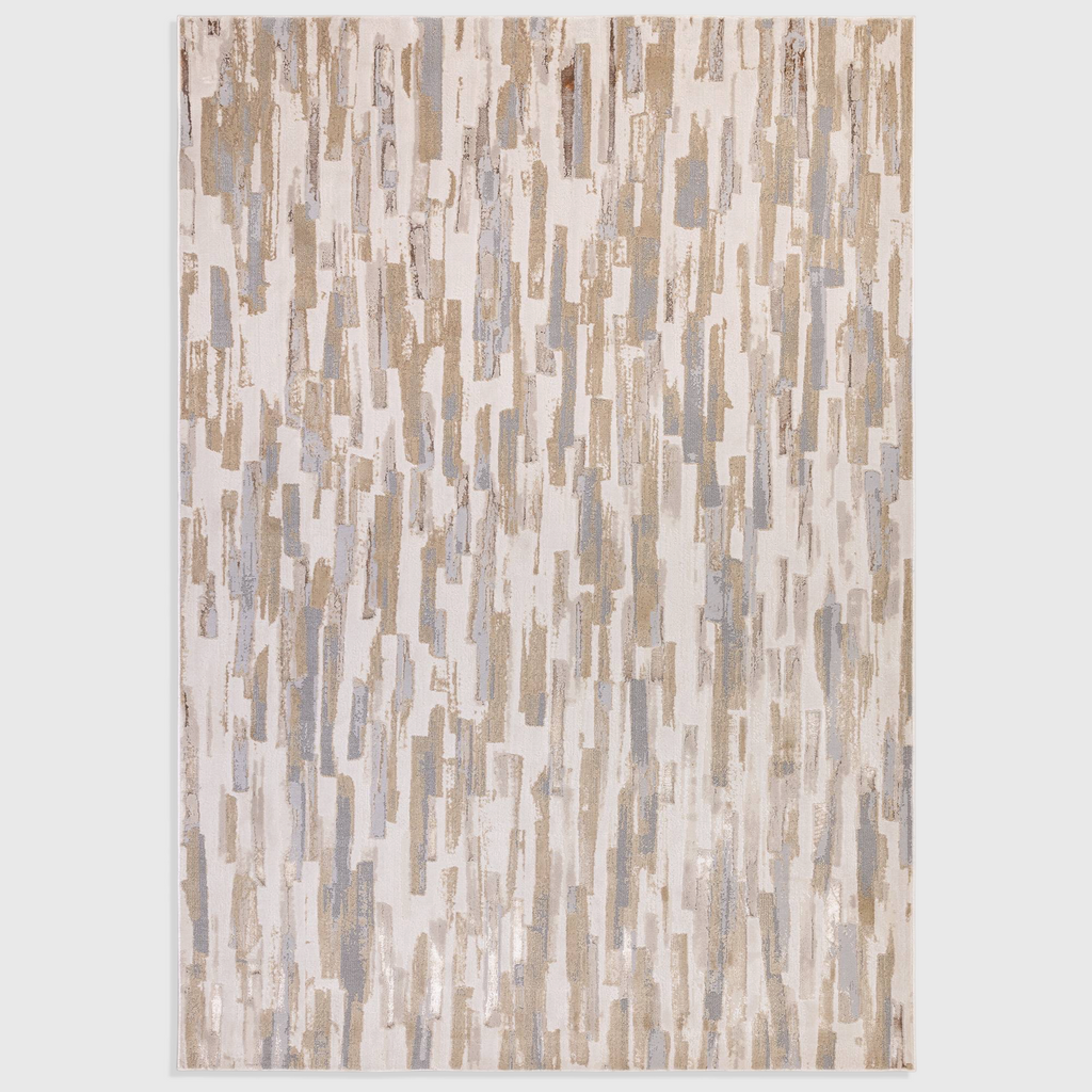 Alvo Rugs Aurorella Impression Au25 abstract rug in gold, beige, and grey with a soft cut pile machine-woven finish.
