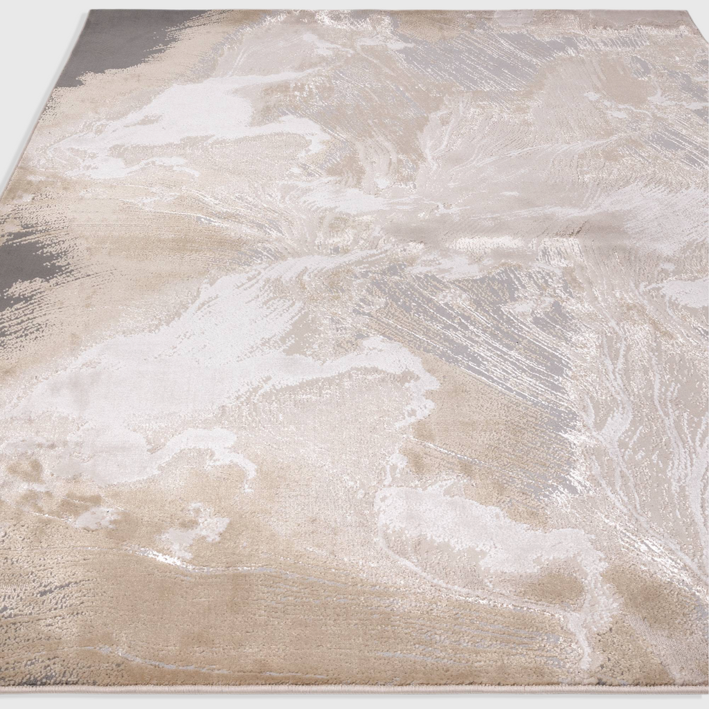 Alvo Rugs Aurorella Etch Au23 abstract rug in gold and grey tones with a soft cut pile machine-woven finish.