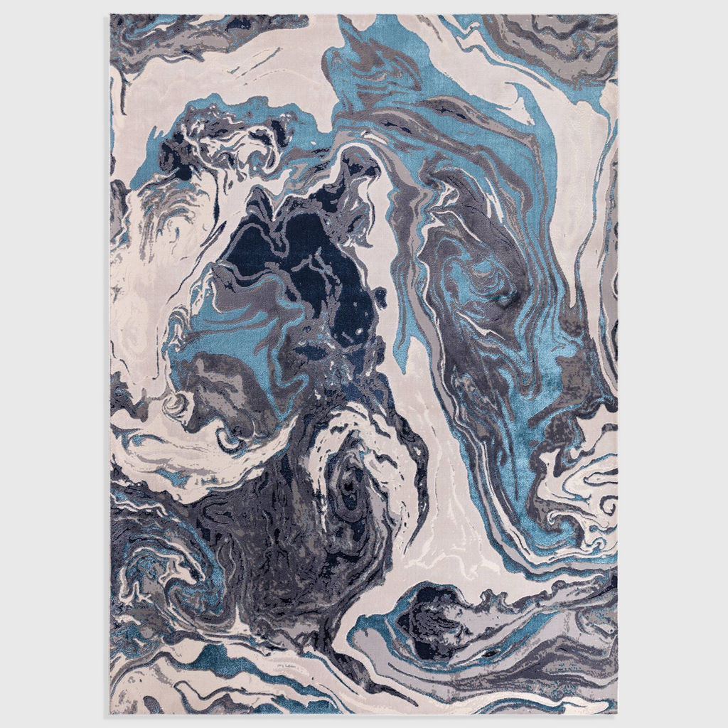 Alvo Rugs Aurorella Ocean abstract area rug featuring swirling blue, grey, and white metallic tones in cut pile.