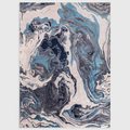Alvo Rugs Aurorella Ocean abstract area rug featuring swirling blue, grey, and white metallic tones in cut pile.