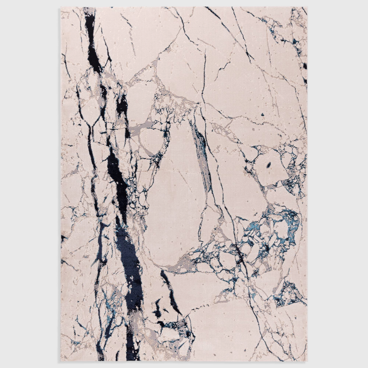 Alvo Rugs Aurorella Quake Au22 abstract rug featuring blue and metallic marble-like veins on a soft cream background.