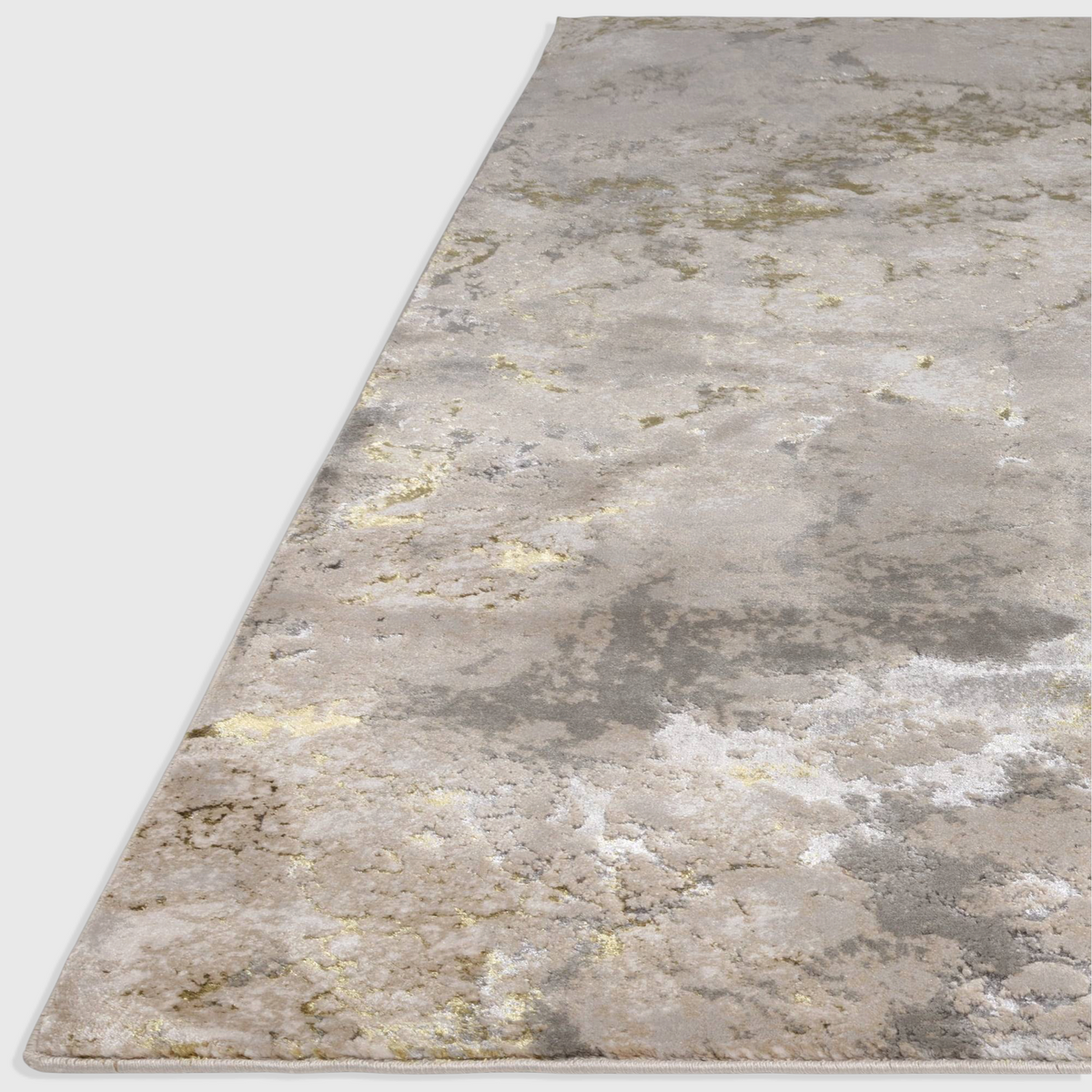 Alvo Rugs Aurorella Au04 Galaxy rug featuring an abstract grey and gold metallic design with a soft cut pile texture.