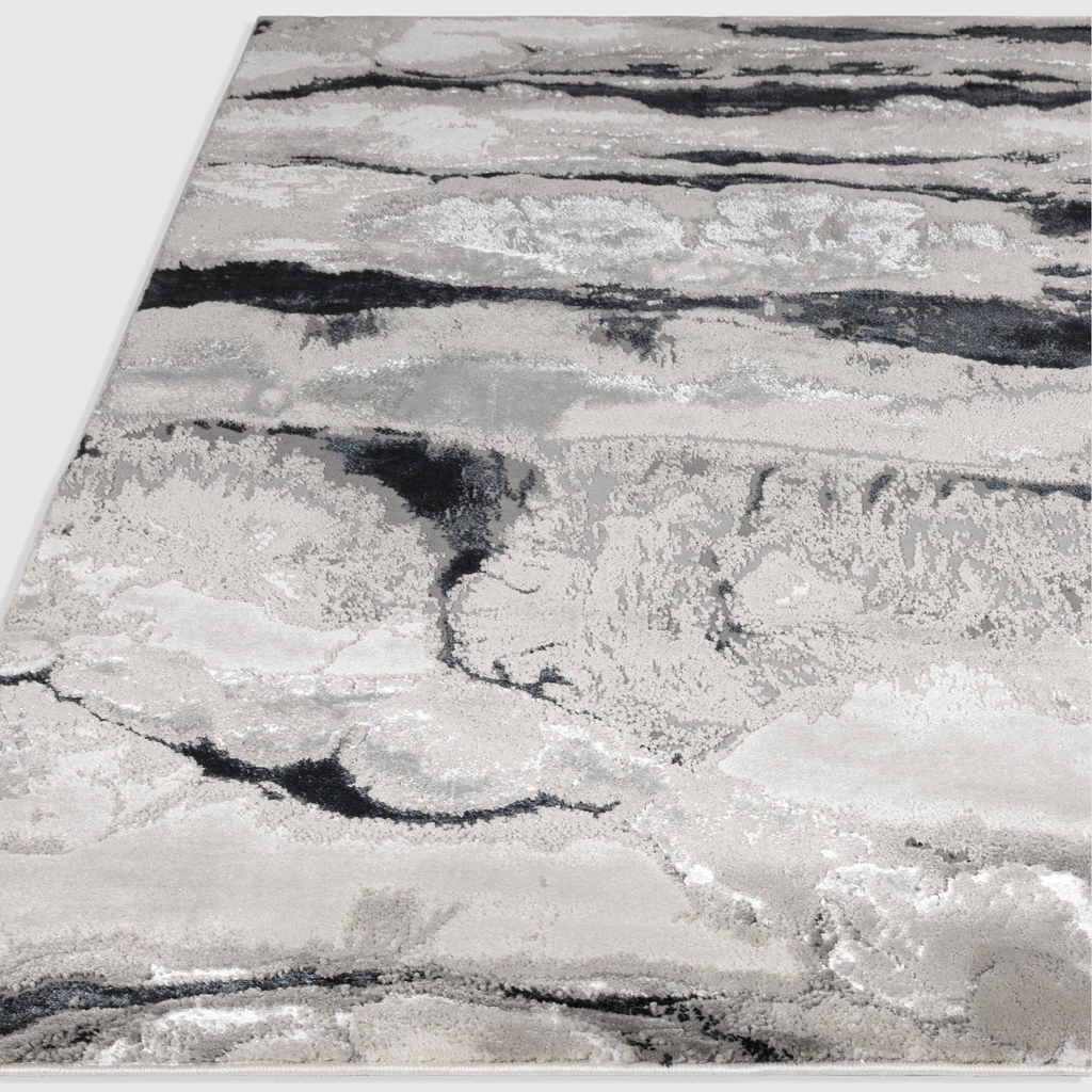 Alvo Rugs Aurorella Au05 Quartz rug featuring an abstract grey and silver metallic design with a soft cut pile finish.