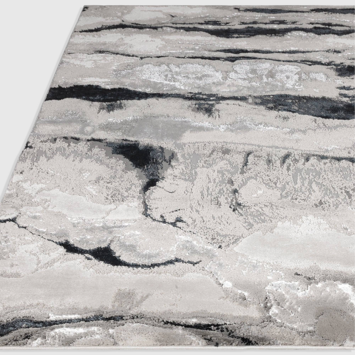 Alvo Rugs Aurorella Au05 Quartz rug featuring an abstract grey and silver metallic design with a soft cut pile finish.