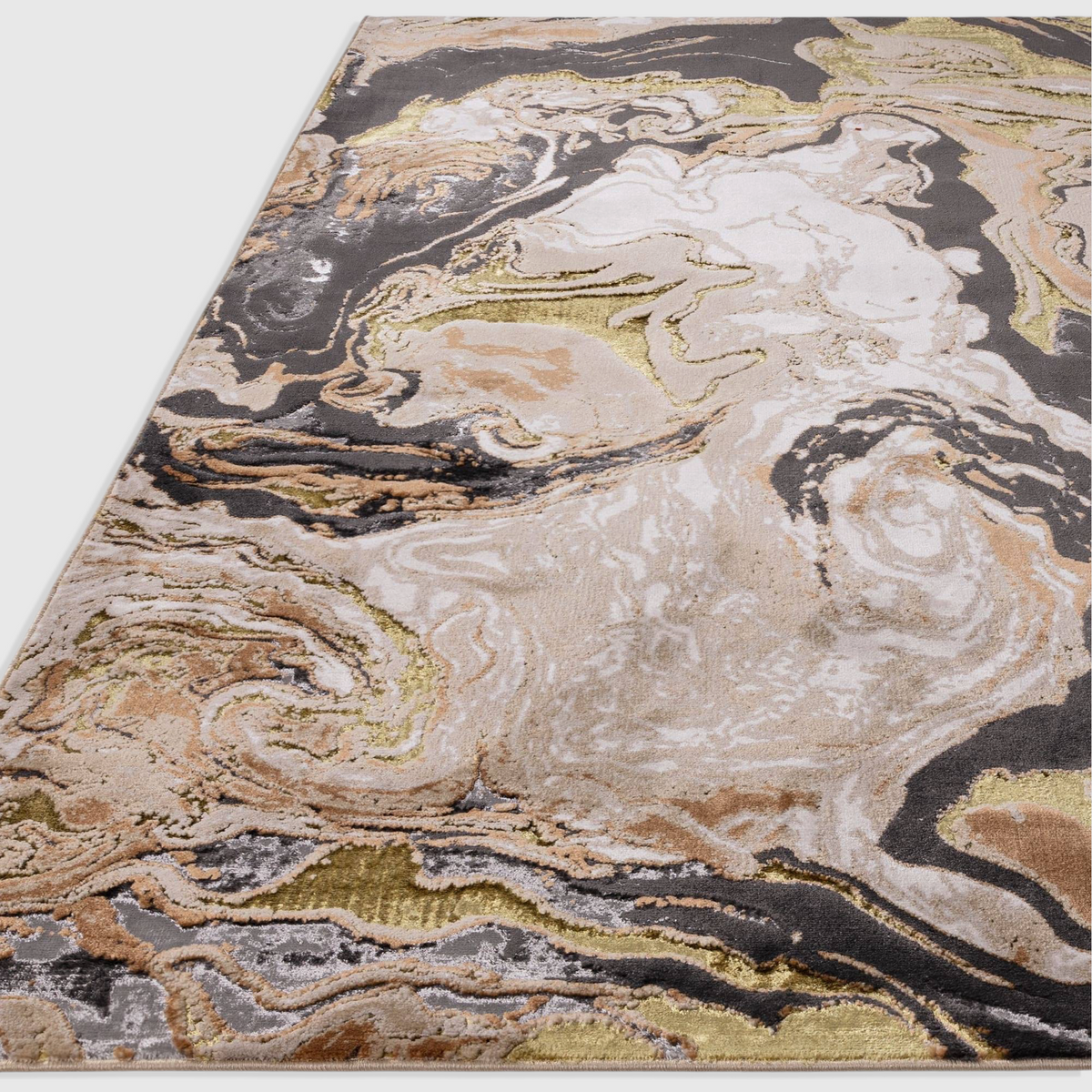 Alvo Rugs Aurorella Au08 marble rug with abstract grey, gold, and cream metallic patterns in a soft cut pile finish.