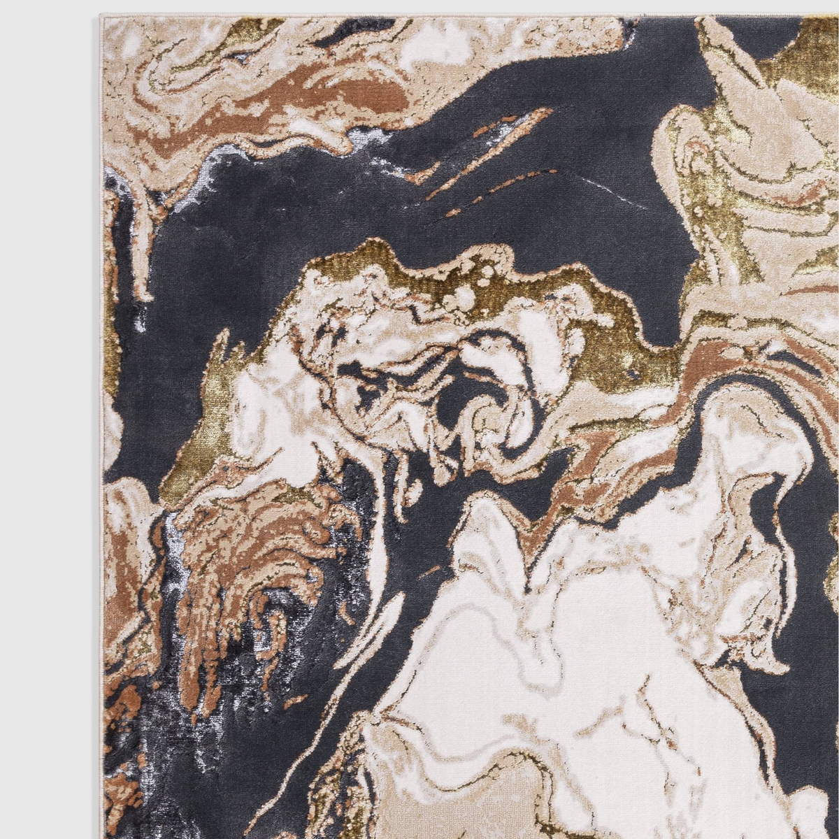 Alvo Rugs Aura marble-inspired abstract rug in black, cream, and metallic gold with high-low textured carving.