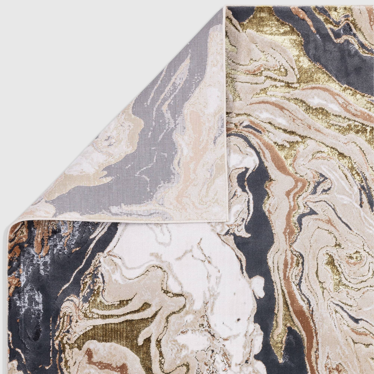 Alvo Rugs Aura marble rug featuring abstract grey, beige, and metallic gold patterns with a folded corner detail.