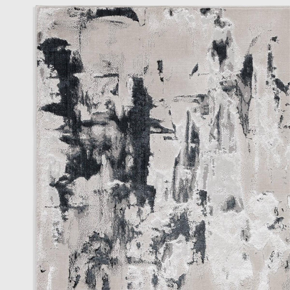 Alvo Rugs Aurorella Au10 Glacier rug featuring an abstract grey and silver metallic design with a soft cut pile.