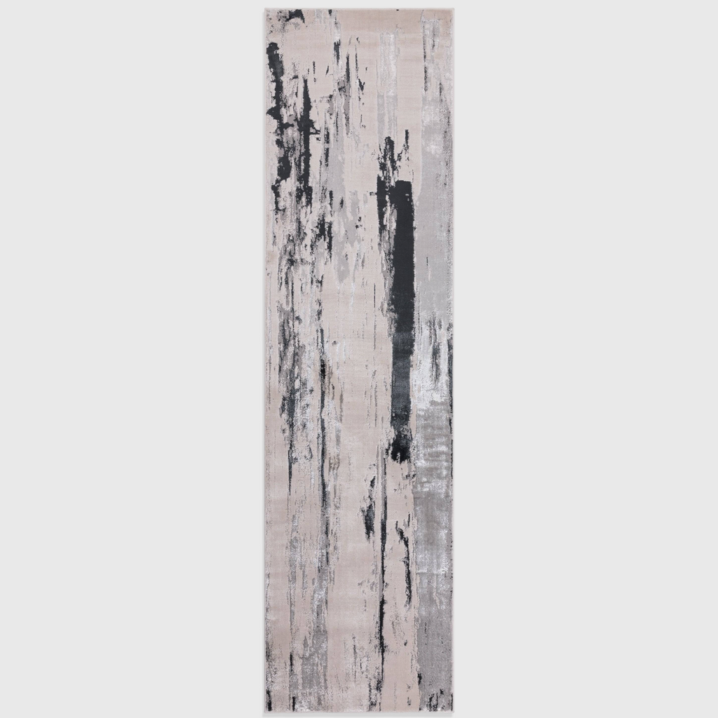 Alvo Rugs Aurorella Au10 Glacier runner rug with abstract grey and silver metallic design on a light background