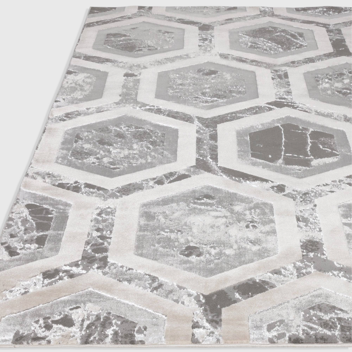 Alvo Rugs Aurorella Au12 Crystal rug featuring a modern grey and silver abstract hexagonal pattern in cut pile.