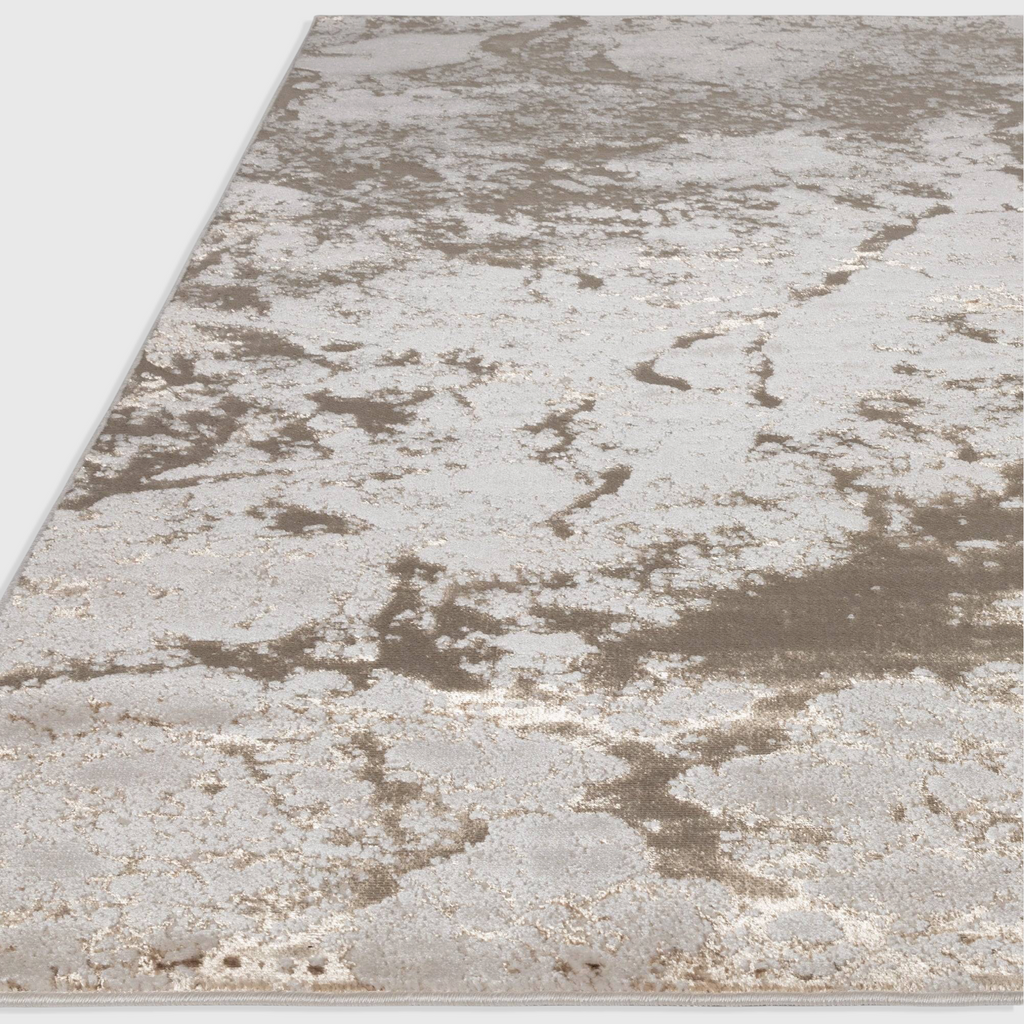 Alvo Rugs Aurorella Au16 Strata rug featuring a metallic gold and grey abstract pattern in a soft cut pile finish.