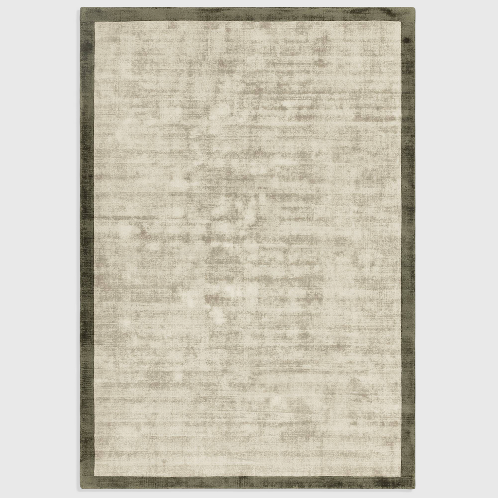 Alvo Rugs Blayde sage and olive green hand-woven viscose rug with a two-tone border and soft tip-sheared texture.